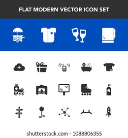 Modern, simple vector icon set with bath, sign, fashion, ice, celebration, fire, notebook, travel, vehicle, baby, train, page, internet, warm, box, road, notepad, alcohol, clothing, food, cloud icons