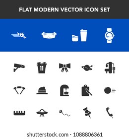 Modern, simple vector icon set with suit, caffeine, surveillance, shirt, safety, jump, cafe, airplane, camera, time, headwear, astronomy, sign, security, saturn, parachute, sky, drink, flight icons