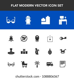 Modern, simple vector icon set with mark, white, ambulance, alert, vacation, key, desk, dental, office, download, play, stamp, healthy, penguin, eyeglasses, children, fire, hospital, business icons