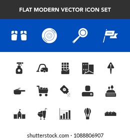 Modern, simple vector icon set with beach, white, baby, spray, building, cleaner, housework, pan, house, dish, wind, fashion, meal, mark, health, nation, domestic, bar, footwear, chemical, real icons