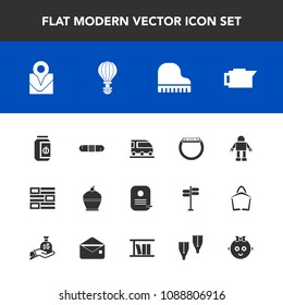 Modern, simple vector icon set with vehicle, pie, train, transportation, child, espresso, internet, sky, van, gadget, identity, parachute, cafe, food, technology, travel, jar, sweet, baby, smart icons