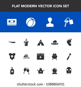 Modern, simple vector icon set with account, clothes, tape, event, foot, retro, fashion, kid, music, outdoor, caravan, baby, soccer, hanger, headwear, user, journey, key, star, football, child icons