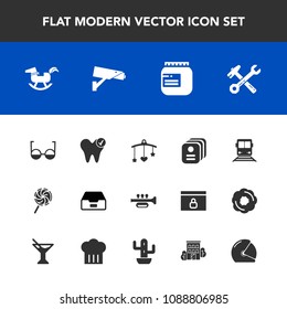 Modern, simple vector icon set with transportation, document, id, wrench, baby, white, file, card, data, candy, jam, trumpet, duck, glass, tool, security, newborn, music, hammer, toy, safety icons