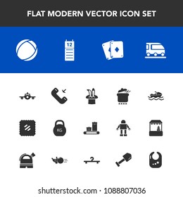 Modern, simple vector icon set with food, rattle, phone, luggage, game, vessel, van, toy, call, magic, stamp, child, play, train, pot, letter, ship, dinner, travel, boat, agenda, postage, baby icons