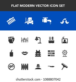 Modern, simple vector icon set with faucet, concept, shape, restaurant, jacket, lamp, girl, liquid, brush, life, teeth, delivery, television, stroke, female, pigeon, water, love, home, spoon, tv icons