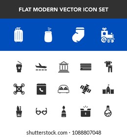 Modern, simple vector icon set with transport, business, bedroom, toy, phone, laboratory, bed, internet, plane, warm, coffee, cup, camera, winter, music, snack, sandwich, drink, bank, food, hot icons