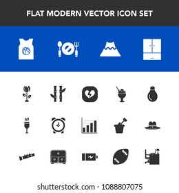 Modern, simple vector icon set with basketball, blossom, asia, alarm, bamboo, lava, business, drink, plate, ice, sweet, cream, landscape, spoon, idea, sign, sport, food, clock, diagram, alcohol icons