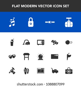 Modern, simple vector icon set with beverage, security, magic, note, car, train, cup, sign, bowling, microwave, beer, sport, sound, space, music, planet, domestic, vacuum, lock, sorcery, fun icons