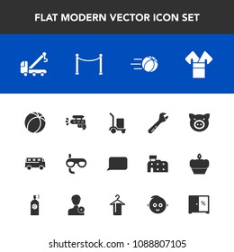 Modern, simple vector icon set with car, package, gun, asia, road, tool, equipment, traditional, furniture, mask, vehicle, transportation, cabinet, pork, animal, scuba, soccer, bus, sport, swine icons