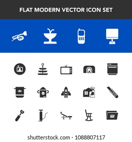 Modern, simple vector icon set with bottle, stationary, phone, fireplace, water, craft, communication, nutrition, internet, gas, fire, dinner, towel, tv, appliance, laptop, computer, plate, art icons