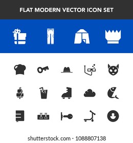 Modern, simple vector icon set with roller, fashion, cold, scooter, travel, food, drink, avatar, luxury, pie, skating, profile, transport, mask, camp, pants, juice, monster, crown, bow, sweet icons