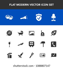 Modern, simple vector icon set with nature, plant, flashlight, electric, chat, drink, drawer, restaurant, bar, no, pram, natural, chair, security, fun, wine, kid, light, picture, bucket, frame icons