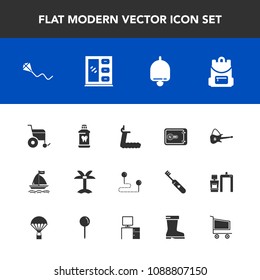 Modern, simple vector icon set with fun, travel, treadmill, tropical, care, call, fitness, summer, palm, bag, guitar, destination, sky, bell, wind, map, sign, money, music, wheelchair, safe, gym icons