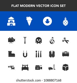 Modern, simple vector icon set with planet, pagoda, pineapple, space, screen, footwear, alien, magnet, magnetic, cut, fiction, equipment, human, business, knife, travel, tropical, asia, razor icons