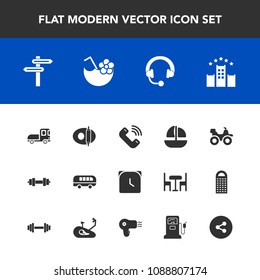 Modern, simple vector icon set with ocean, quad, extreme, button, audio, vehicle, speed, vessel, dirt, cooking, sign, phone, vacation, transport, truck, ship, hour, road, minute, bed, clock, gym icons