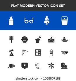 Modern, simple vector icon set with house, blue, hygiene, sea, interior, handle, shower, architecture, play, ship, sky, rice, ocean, grain, city, agriculture, bucket, mountain, white, child icons