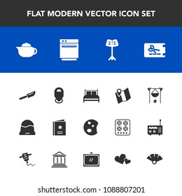 Modern, simple vector icon set with gas, breakfast, headwear, tea, knife, sign, fireplace, music, road, fashion, hat, dessert, favorite, clothing, sweet, restaurant, dinner, musical, favour, cap icons