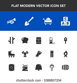 Modern, simple vector icon set with plant, flower, childhood, child, stationary, restaurant, fitness, birdhouse, trumpet, hat, construction, bouquet, business, music, nutrition, asia, fun, sport icons