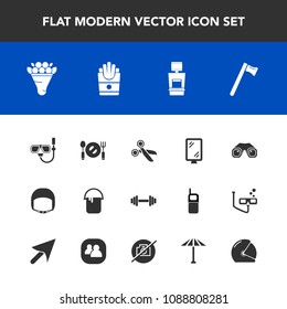 Modern, simple vector icon set with sea, fast, cut, scan, flower, street, binocular, biker, machine, house, fork, food, hammer, potato, decoration, painter, summer, work, banner, tool, mask, gym icons