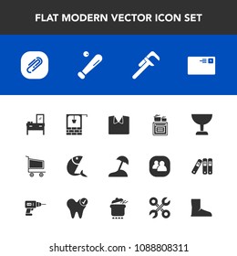 Modern, simple vector icon set with baseball, new, bucket, glass, retail, send, water, cabinet, interior, seafood, internet, cart, stone, letter, white, fish, beach, clothing, cooking, island icons