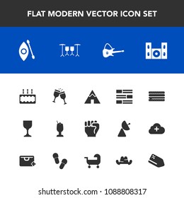 Modern, simple vector icon set with sweet, musical, human, cocktail, music, food, kayaking, travel, cinema, concept, adventure, water, speaker, alcohol, home, video, internet, burger, sign, tent icons