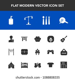 Modern, simple vector icon set with doughnut, white, balance, judge, clean, elevator, pan, guitar, person, justice, human, craft, travel, fork, dessert, radio, rocket, sound, sweet, law, account icons