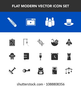 Modern, simple vector icon set with red, medicine, alcohol, book, bowling, internet, baby, school, medical, bag, cutter, bed, backpack, spaceship, craft, image, summer, web, rake, toy, sport icons