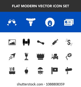 Modern, simple vector icon set with technology, wine, royal, winner, holiday, queen, picture, document, frame, circus, crown, first, rocket, space, plane, report, king, award, place, chart, gift icons