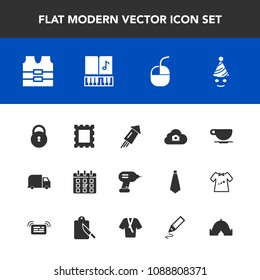 Modern, simple vector icon set with celebration, schedule, cafe, internet, clothing, calendar, sign, event, device, music, technology, delivery, day, photo, web, party, vest, drink, service, fun icons