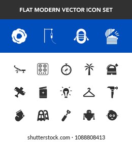 Modern, simple vector icon set with electricity, travel, stove, light, medical, cake, coffee, childhood, chef, cook, restaurant, gas, plane, bulb, idea, baby, aircraft, android, futuristic, kid icons