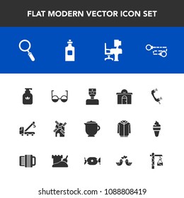 Modern, simple vector icon set with call, eye, hospital, hygiene, tea, work, glass, construction, table, hot, doctor, desk, energy, medical, beverage, breakfast, clean, vehicle, building, teapot icons
