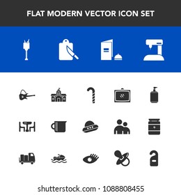 Modern, simple vector icon set with music, room, paper, city, family, cutlery, architecture, liquid, food, bucket, soap, book, government, technology, table, home, container, spaceship, alcohol icons