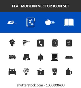 Modern, simple vector icon set with transport, hand, sport, fashion, bell, game, book, blossom, flower, phone, transportation, road, iron, bowling, equipment, library, spring, wear, ring, drink icons