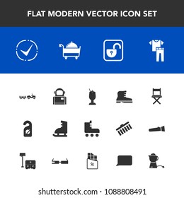 Modern, simple vector icon set with style, delivery, label, leisure, motel, leather, skate, open, drink, sign, alcohol, check, seat, lock, collection, security, protection, restaurant, footwear icons