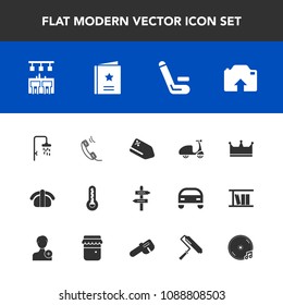 Modern, simple vector icon set with cycle, ride, sushi, shower, fish, photo, tag, music, phone, communication, tool, album, price, sport, discount, business, thermometer, king, roller, paint icons