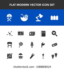 Modern, simple vector icon set with chart, builder, notebook, drink, dessert, helmet, clothes, woman, atom, cocktail, food, book, sweet, glass, document, construction, foreman, lollipop, candy icons