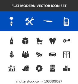 Modern, simple vector icon set with sport, telephone, spray, dental, dessert, pram, phone, sweet, healthy, cone, spanner, space, kitchen, cream, hotel, bowling, stroller, vacation, paint, planet icons