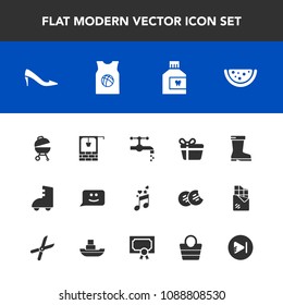 Modern, simple vector icon set with video, sound, grill, tap, roller, fashion, gift, face, chat, holiday, care, sport, female, music, watermelon, faucet, leather, team, stone, note, bag, dental icons
