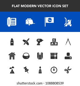 Modern, simple vector icon set with bottle, phone, outfit, rucksack, childhood, shipping, equipment, craft, send, perfume, japan, divider, child, fashion, travel, aroma, business, play, rocket icons