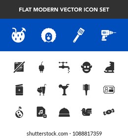 Modern, simple vector icon set with power, drill, pan, cocktail, medicine, charger, equipment, dessert, white, circus, space, ice, medical, tap, alien, energy, glass, sweet, cream, sign, fiction icons