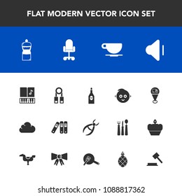Modern, simple vector icon set with note, coffee, kid, cup, cafe, cloud, medical, music, justice, dentist, broom, presentation, tropical, child, folder, person, red, up, cappuccino, musical, law icons