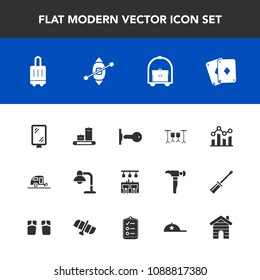 Modern, simple vector icon set with drum, chart, clothing, lamp, sign, sailboat, hat, caravan, decoration, trailer, road, graph, vacation, luggage, airport, door, business, play, baggage, cap icons