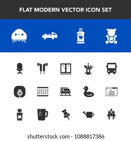 Modern, simple vector icon set with drink, wine, clean, furniture, cute, audio, microphone, monster, train, van, interior, transportation, hygiene, truck, bus, care, fiction, space, concept, toy icons