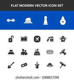 Modern, simple vector icon set with bottle, clothing, folder, fashion, doughnut, plastic, king, dessert, equipment, brush, fitness, mountain, style, file, game, paint, protection, nutrition, hat icons