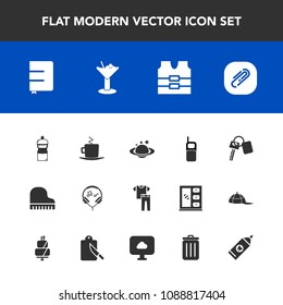 Modern, simple vector icon set with old, clip, audio, sound, equipment, page, planet, nature, vest, vehicle, coffee, automobile, collection, paper, cup, mobile, fashion, space, car, telephone icons