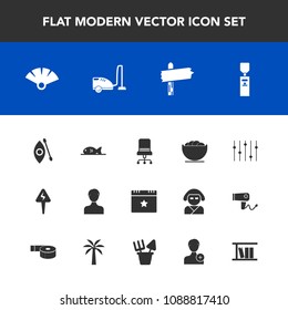 Modern, simple vector icon set with star, interior, activity, furniture, account, equipment, armchair, celebration, meat, member, energy, sensu, arrow, fan, library, bowl, river, domestic, dish icons
