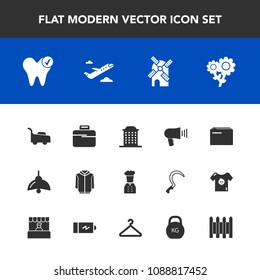 Modern, simple vector icon set with energy, restaurant, jacket, grass, business, briefcase, flower, speaker, lamp, electricity, communication, white, departure, fence, floral, architecture, bag icons