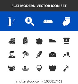 Modern, simple vector icon set with spoon, fashion, umbrella, jar, clothes, socks, firework, cotton, male, celebration, sign, pump, clothing, bathroom, cloth, footwear, female, towel, weather icons