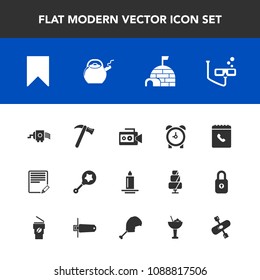 Modern, simple vector icon set with kitchen, snow, clock, phone, alarm, sign, infant, flame, light, sport, candle, camera, scuba, document, fire, rattle, bookmark, ice, cooking, edit, text, book icons