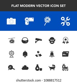 Modern, simple vector icon set with sign, london, technology, school, eye, pointer, service, space, blue, carousel, safety, first, winner, alarm, pin, award, camera, backpack, tool, wheel, ufo icons